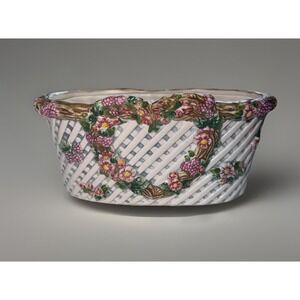 Vintage LBK Basket‎ Weave Ceramic Planter Heart Flowers Fruit